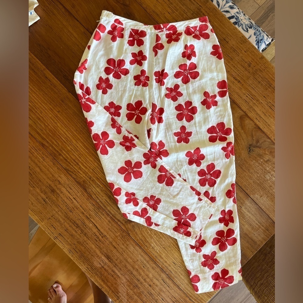 Vintage White Pants with Red Floral Print